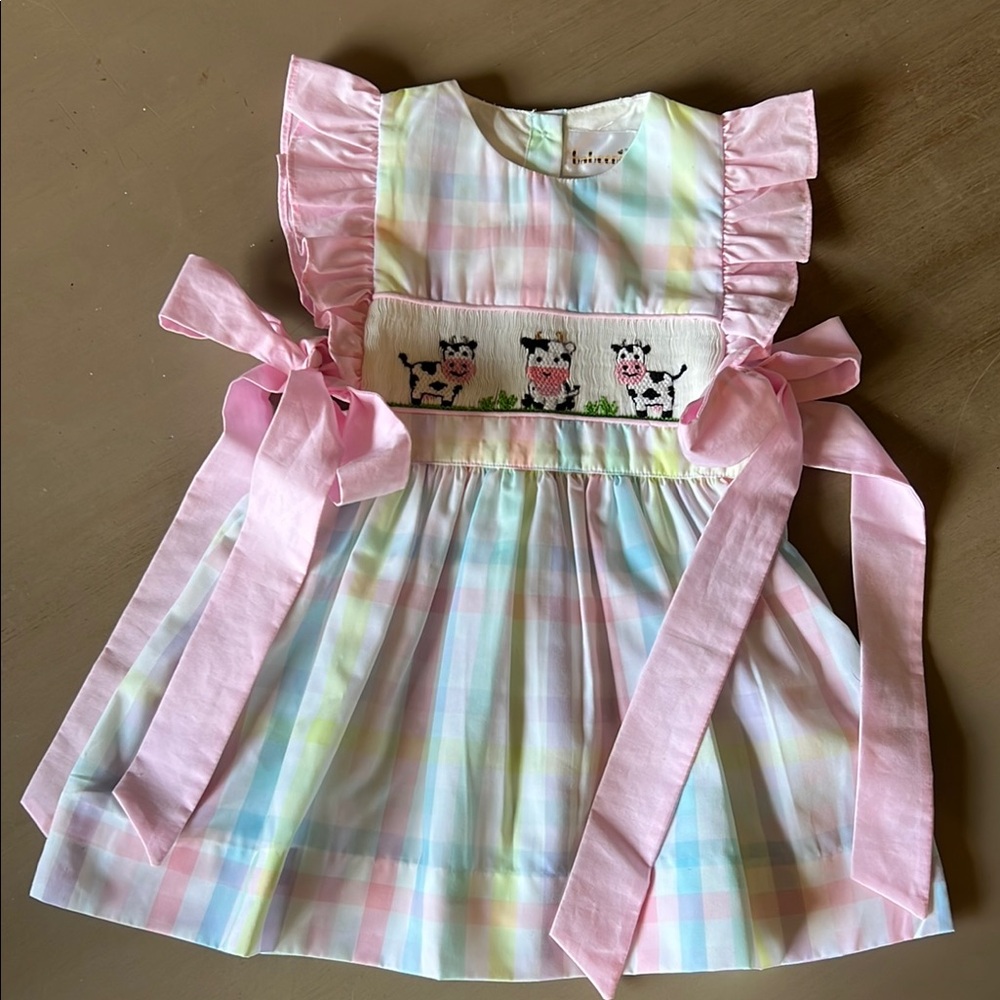 Babeeni Pastel Plaid Smocked Cow Dress with Pink Bows and Ruffles size 18 months